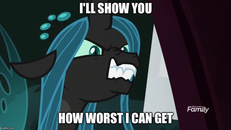 Size: 888x499 | Tagged: angry, changeling, changeling queen, derpibooru import, discovery family logo, edit, edited screencap, engrish, everfree forest, female, image macro, meme, queen chrysalis, safe, screencap, sharp teeth, teeth, the mean 6