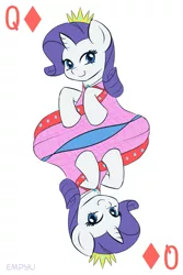 Size: 667x1000 | Tagged: safe, artist:empyu, derpibooru import, rarity, pony, unicorn, clothes, female, mare, queen of diamonds, smiling