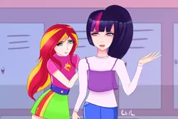 Size: 3000x2000 | Tagged: safe, artist:ponoki-chan, derpibooru import, sunset shimmer, twilight sparkle, human, equestria girls, alternate costumes, alternate hairstyle, female, human coloration, humanized, lesbian, request, requested art, shipping, sunsetsparkle