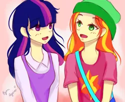 Size: 3000x2460 | Tagged: safe, artist:eyenayemi, derpibooru import, sunset shimmer, twilight sparkle, human, equestria girls, alternate costumes, beanie, blushing, cute, cutie mark on clothes, female, hat, high res, human coloration, humanized, lesbian, looking at each other, request, requested art, shimmerbetes, shipping, sunsetsparkle, twiabetes