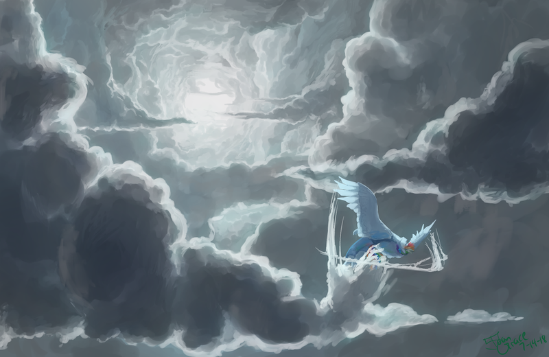 Size: 1024x666 | Tagged: anthro, artist:joan-grace, cloud, derpibooru import, eyes closed, female, flying, mare, pegasus, rainbow dash, safe, solo, vertigo