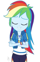 Size: 1000x1550 | Tagged: safe, artist:ilaria122, derpibooru import, rainbow dash, equestria girls, equestria girls series, rollercoaster of friendship, clothes, crossed arms, cute, eyes closed, geode of super speed, magical geodes, pants, shirt, simple background, smiling, t-shirt, transparent background, wristband