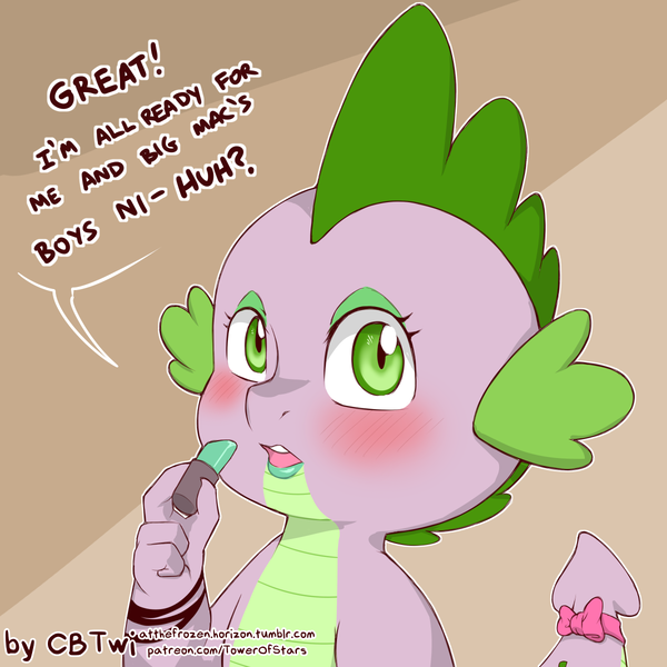 Size: 1200x1200 | Tagged: suggestive, artist:cold-blooded-twilight, derpibooru import, big macintosh, spike, dragon, blushing, bow, crossdressing, dialogue, eyelashes, eyeshadow, femboy, femboy spike, gradient background, image, implied gay, lipstick, looking at you, makeup, male, png, ribbon, solo, solo male, surprised, tail bow