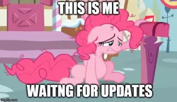 Size: 600x345 | Tagged: cropped, derpibooru import, edit, edited screencap, image macro, mailbox, meme, messy mane, pinkie pie, sad, safe, screencap, solo, wonderbolts academy