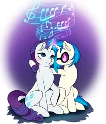 Size: 2900x3400 | Tagged: safe, artist:draltruist, derpibooru import, rarity, vinyl scratch, pony, unicorn, blushing, female, horns are touching, lesbian, looking up, magic, mare, music notes, rariscratch, shipping, sitting, smiling, sunglasses