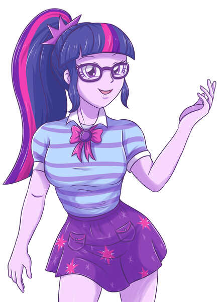 Size: 2338x3248 | Tagged: safe, artist:sumin6301, derpibooru import, sci-twi, twilight sparkle, equestria girls, equestria girls series, clothes, female, geode of telekinesis, glasses, open mouth, ponytail, simple background, skirt, smiling, solo, white background