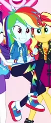 Size: 161x387 | Tagged: safe, derpibooru import, pinkie pie, rainbow dash, rarity, sunset shimmer, equestria girls, equestria girls series, so much more to me, clothes, converse, cropped, female, geode of super speed, jacket, magical geodes, offscreen character, pants, shoes, smiling, sneakers