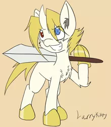 Size: 2749x3139 | Tagged: safe, artist:steelsoul, derpibooru import, oc, oc:highlight, unicorn, armored hooves, colt, curved horn, heterochromia, male, smiling, sword, weapon