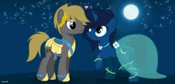 Size: 2250x1080 | Tagged: safe, artist:noah-x3, derpibooru import, oc, oc:noah, oc:serene, unofficial characters only, pony, unicorn, armor, clothes, dress, female, heart, male, mare, moon, night, norene, oc x oc, shipping, show accurate, stallion, wedding dress