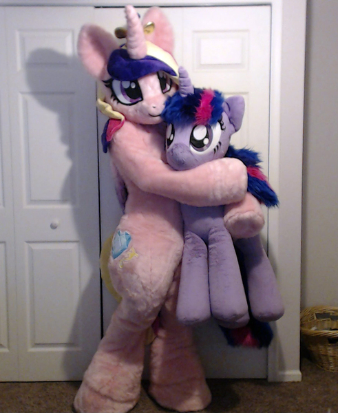 Size: 883x1079 | Tagged: artist:qtpony, clothes, cosplay, costume, derpibooru import, fursuit, hug, human, irl, irl human, life size, photo, plushie, ponysuit, princess cadance, safe, twilight sparkle