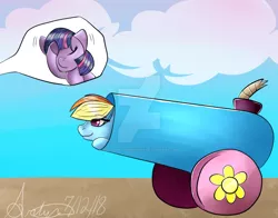 Size: 1024x802 | Tagged: safe, artist:artyanas-workshop, derpibooru import, rainbow dash, twilight sparkle, twilight sparkle (alicorn), alicorn, pegasus, pony, amino, eyes closed, facehoof, female, lidded eyes, mare, offscreen character, party cannon, peeking, pony cannonball, request, smiling, smirk, solo focus, this will end well, watermark, what could possibly go wrong