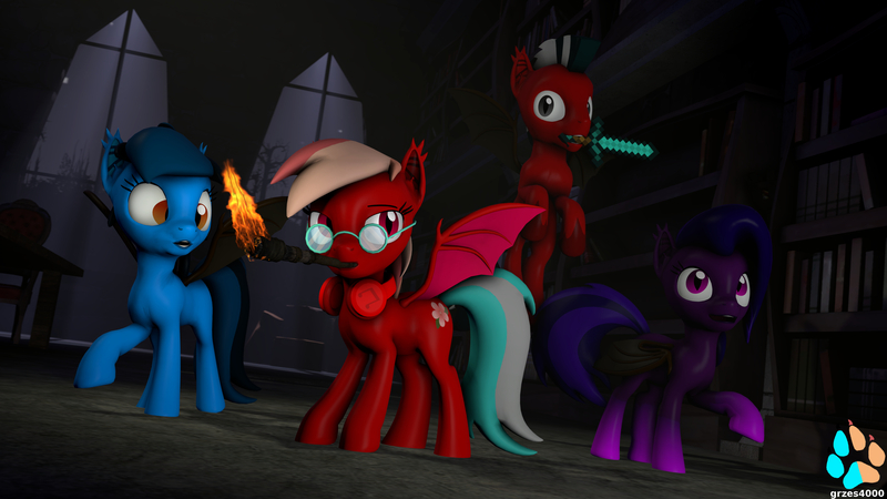 Size: 3840x2160 | Tagged: safe, artist:kasjer19, derpibooru import, oc, oc:areo, oc:cherry flower, oc:cloud, oc:wing, bat pony, pony, 3d, bat pony oc, castle, fire, mouth hold, paw prints, raised hoof, torch