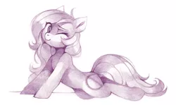 Size: 2005x1192 | Tagged: safe, artist:lispp, derpibooru import, oc, oc:oblivia, unofficial characters only, earth pony, pony, female, gift art, mare, monochrome, one eye closed, pencil drawing, simple background, sketch, solo, traditional art, white background