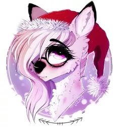 Size: 1835x1960 | Tagged: artist:dino_horse, christmas, cute, deer, derpibooru import, fluffy, glasses, hair over one eye, hat, holiday, looking up, oc, oc:snow, safe, santa hat, snow, solo, unofficial characters only