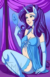 Size: 3300x5100 | Tagged: artist:theimaginaryking, babydoll, breasts, cleavage, clothes, derpibooru import, digital art, eared humanization, evening gloves, female, gloves, horned humanization, human, humanized, lingerarity, lingerie, long gloves, mirror, nightgown, rarity, signature, socks, solo, suggestive, thigh highs