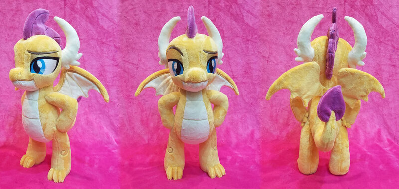 Size: 1023x486 | Tagged: artist:plushypuppy, derpibooru import, dragon, dragoness, female, grin, hand on hip, irl, lidded eyes, photo, plushie, safe, smiling, smolder, solo, standing, wings