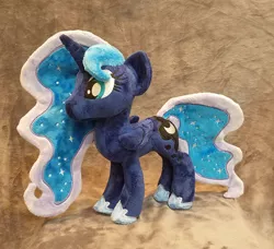 Size: 1024x934 | Tagged: safe, artist:plushypuppy, derpibooru import, princess luna, alicorn, pony, female, folded wings, irl, jewelry, mare, missing accessory, photo, plushie, regalia, solo, standing