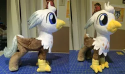 Size: 1024x605 | Tagged: artist:plushypuppy, classical hippogriff, derpibooru import, folded wings, hippogriff, irl, male, oc, oc:silver quill, photo, plushie, safe, solo, standing, unofficial characters only