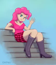 Size: 867x1000 | Tagged: artist:empyu, bench, boots, clothes, derpibooru import, female, high heel boots, human, humanized, miniskirt, pinkie pie, pink ranger, power rangers, power rangers time force, safe, shoes, simple background, skirt, solo, waving