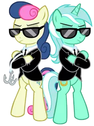 Size: 4922x6592 | Tagged: safe, artist:andoanimalia, derpibooru import, bon bon, lyra heartstrings, sweetie drops, earth pony, pony, unicorn, lyra and bon bon and the mares from s.m.i.l.e., my little pony chapter books, absurd resolution, bipedal, clothes, duo, duo female, female, mares in black, s.m.i.l.e., simple background, sunglasses, transparent background, vector