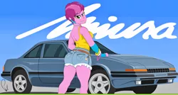 Size: 4936x2648 | Tagged: suggestive, artist:phyll, derpibooru import, cheerilee, equestria girls, 80s, 80s cheerilee, alternate hairstyle, ass, bottom, breasts, car, clothes, jeans, miura, miura saga, pants, simple background, younger