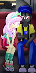 Size: 1080x2160 | Tagged: safe, artist:dieart77, derpibooru import, fluttershy, oc, equestria girls, canon x oc, clothes, commission, converse, eyes closed, mobile phone, pants, phone, shoes, sitting, smartphone, sneakers