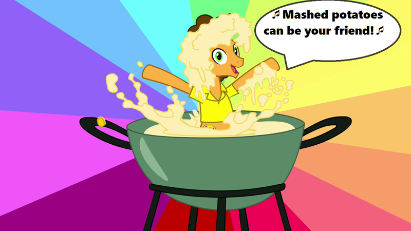 Size: 1280x720 | Tagged: cheese sandwich, dare to be stupid, derpibooru import, edit, edited screencap, fondue, music notes, party pony, pinkie pride, pot, rainbow background, safe, screencap, season 4, singing, solo, song reference, speech bubble, text, weird al yankovic