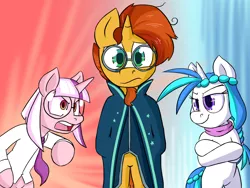 Size: 1280x960 | Tagged: safe, artist:zanezandell, derpibooru import, sunburst, oc, oc:kid prodigy, oc:vanilla snow, unicorn, comic:cmcnext, angry, argument, clothes, cmcnext, colt, female, filly, glasses, magical gay spawn, male, necktie, offspring, parent:princess cadance, parent:shining armor, parents:shiningcadance, robes, scarf, scientific gay spawn, shirt, smug, stallion, story included