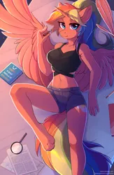 Size: 1752x2686 | Tagged: alicorn, alicorn oc, alternate version, angled leg, anthro, anthro oc, artist:fensu-san, bed, book, breasts, clothes, derpibooru import, digital art, digitigrade anthro, explicit source, feather, female, lidded eyes, looking at you, lying, lying down, magnifying glass, mare, oc, oc:spectrum dash, on back, paper, paws, pen, ponytail, rainbow hair, safe, sheet, shorts, smiling, solo, spread wings, table, unofficial characters only, wings