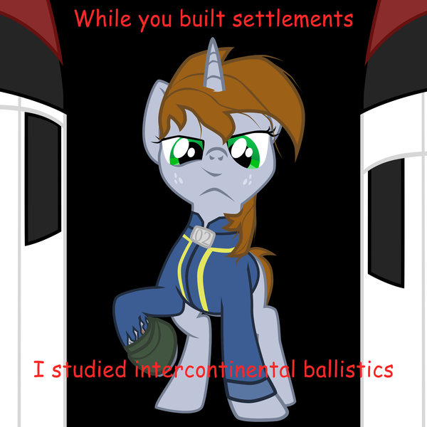 Size: 5000x5000 | Tagged: safe, artist:aaronmk, derpibooru import, oc, oc:littlepip, pony, unicorn, fallout equestria, fanfic, absurd resolution, clothes, comic sans, edgy as fuck, fanfic art, female, freckles, hooves, horn, i studied the blade, lidded eyes, mare, meme, pipbuck, smug, solo, text, vault suit