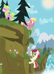 Size: 6000x8200 | Tagged: safe, artist:atnezau, artist:mundschenk85, artist:parclytaxel, derpibooru import, daisy, flower wishes, lily, lily valley, roseluck, earth pony, pony, absurd resolution, background pony, bucket, cliff, female, flower, flower in hair, flower trio, lily (flower), mare, mountain, mountain range, pine tree, rope, seeds of truth, straining, sweat, tree, trio, trio female, vector, waterfall