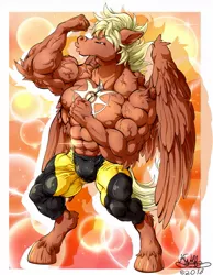 Size: 995x1280 | Tagged: abs, anime, anthro, artist:h-stallionwolf, bara, biceps, bodybuilder, clothes, derpibooru import, fetish, flexing, horse, huge, male, manga, muscle fetish, muscles, nipples, oc, oc:bright light, oc:flex, pants, partial nudity, pecs, pegasus, proud, solo, spandex, stallion, suggestive, topless, unguligrade anthro, vein