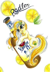 Size: 1576x2282 | Tagged: artist:neobubbles, beer, bottle, cute, derpibooru import, drink, female, food, lemon, non-alcoholic beer, oc, oc:radler, radler, safe, solo, traditional art, unofficial characters only