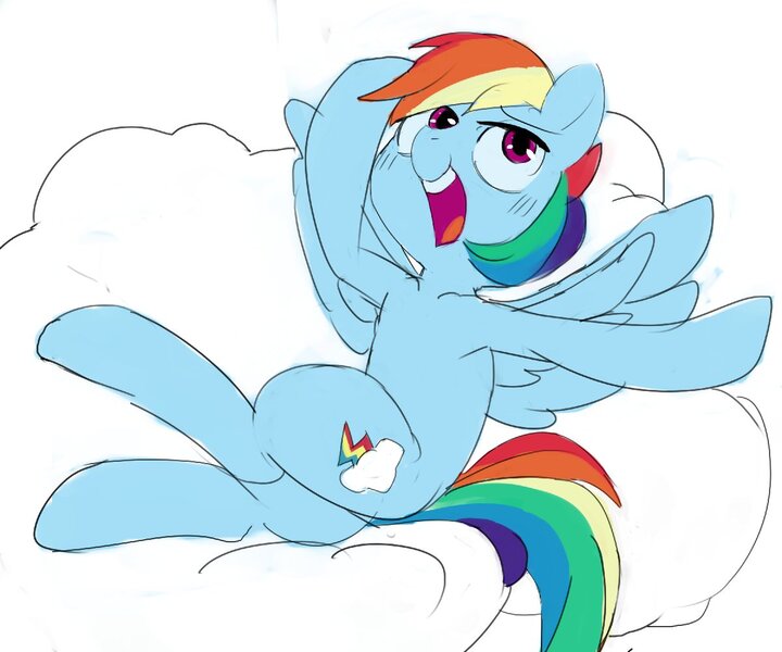 Size: 1200x1000 | Tagged: safe, artist:baigak, derpibooru import, rainbow dash, pegasus, pony, cloud, cutie mark, female, hooves, mare, on a cloud, open mouth, sitting on cloud, solo, teeth, wings