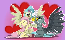 Size: 8000x5000 | Tagged: safe, artist:chedx, derpibooru import, angel bunny, fluttershy, gabby, princess skystar, gryphon, hippogriff, pegasus, pony, rabbit, my little pony: the movie, absurd resolution, female, heart, heart background, holding, looking at something, male, mare, outline, spread wings, varying degrees of amusement, varying degrees of want, white outline, wings, worried