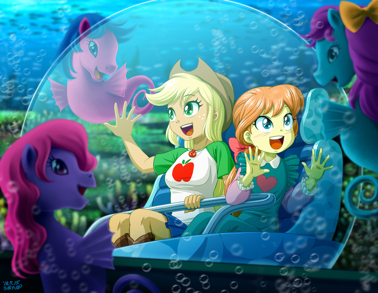 Size: 1400x1086 | Tagged: safe, artist:uotapo, derpibooru import, applejack, bowtie (g1), megan williams, sea pony, equestria girls, equestria girls series, rescue at midnight castle, rollercoaster of friendship, amusement park, amusement ride, applejack's hat, call upon the sea ponies, cowboy hat, cute, duo, equestria land, female, g1, g1 to equestria girls, generation leap, geode of super strength, hat, jackabetes, ride, sea ponies, shoo be doo, species swap, underwater, uotapo is trying to murder us