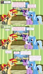 Size: 1280x2168 | Tagged: safe, artist:hakunohamikage, derpibooru import, sunset shimmer, trixie, twilight sparkle, twilight sparkle (alicorn), alicorn, pony, ask-princesssparkle, ask, bandage, female, lesbian, shipping, suntrix, tumblr, wheelchair