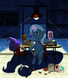 Size: 2500x2836 | Tagged: alcohol, artist:crabs_of_steam, beer, cape, chair, chips, clothes, derpibooru import, drawthread, food, hat, looking at you, magic, safe, scepter, sitting, table, telekinesis, trixie, trixie's cape, trixie's hat, twilight scepter