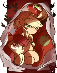 Size: 823x1060 | Tagged: safe, artist:tohupo, derpibooru import, apple bloom, applejack, big macintosh, earth pony, pony, apple siblings, blanket, bow, brother and sister, crossed hooves, cutie mark, female, filly, looking at you, male, mare, sheet, siblings, sisters, stallion