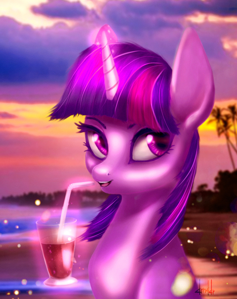 Size: 813x1027 | Tagged: safe, artist:dumddeer, derpibooru import, twilight sparkle, pony, unicorn, beach, glass, glowing horn, levitation, magic, open mouth, telekinesis, unicorn twilight