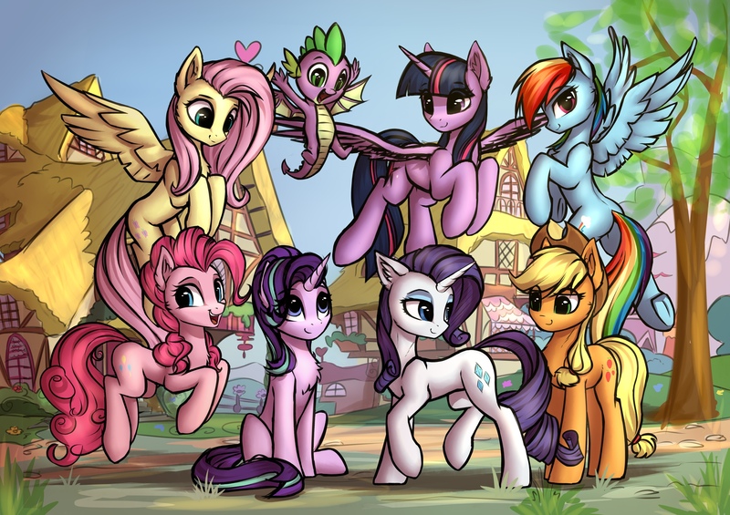 Size: 2560x1808 | Tagged: safe, artist:setharu, derpibooru import, applejack, fluttershy, pinkie pie, rainbow dash, rarity, spike, starlight glimmer, twilight sparkle, twilight sparkle (alicorn), alicorn, dragon, earth pony, pegasus, pony, unicorn, chest fluff, cowboy hat, cute, cutie mark, female, flying, grass, group photo, happy, hat, heart, lidded eyes, looking at each other, looking at you, looking back, looking down, looking up, male, mane eight, mane seven, mane six, mare, open mouth, plot, ponyville, pronking, raised hoof, raised leg, sitting, sky, smiling, smirk, spread wings, tree, underhoof, winged spike, wings