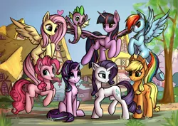 Size: 2560x1808 | Tagged: safe, artist:setharu, derpibooru import, applejack, fluttershy, pinkie pie, rainbow dash, rarity, spike, starlight glimmer, twilight sparkle, twilight sparkle (alicorn), alicorn, dragon, earth pony, pegasus, pony, unicorn, chest fluff, cowboy hat, cute, cutie mark, female, flying, grass, group photo, happy, hat, heart, lidded eyes, looking at each other, looking at you, looking back, looking down, looking up, male, mane eight, mane seven, mane six, mare, open mouth, plot, ponyville, pronking, raised hoof, raised leg, sitting, sky, smiling, smirk, spread wings, tree, underhoof, winged spike, wings