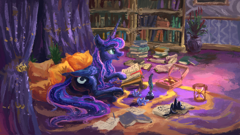 Size: 1920x1080 | Tagged: safe, artist:plainoasis, derpibooru import, princess luna, alicorn, pony, book, bookshelf, crown, cute, donut, female, food, hourglass, indoors, inkwell, interior, jewelry, lying, mare, mess, on floor, painting, plot, quill, reading, regalia, solo, tail, underhoof, waiting