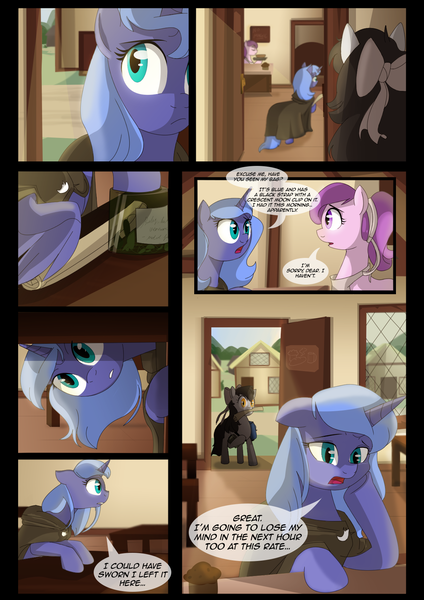 Size: 1240x1754 | Tagged: safe, artist:lunarcakez, derpibooru import, princess luna, oc, oc:mazzy, earth pony, pony, comic:the origins of hollow shades, cloak, clothes, comic, female, mare, s1 luna