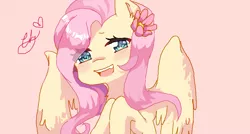 Size: 896x480 | Tagged: safe, artist:janineuy09, derpibooru import, fluttershy, pegasus, pony, blushing, bust, female, flower, flower in hair, looking at you, mare, open mouth, portrait, simple background, smiling, solo, wings
