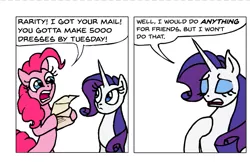 Size: 653x423 | Tagged: safe, artist:gingerfoxy, derpibooru import, edit, pinkie pie, rarity, earth pony, pony, unicorn, pony comic generator, 2 panel comic, clothes, comic, dress, friendship, i would do anything for love, meat loaf, no, song reference