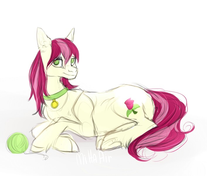 Size: 2000x1700 | Tagged: safe, artist:miltaair111, derpibooru import, roseluck, earth pony, pony, behaving like a cat, collar, digital art, ear fluff, female, fluffy, hoof fluff, lying, lying down, mare, pet tag, pony pet, rosepet, solo, yarn, yarn ball