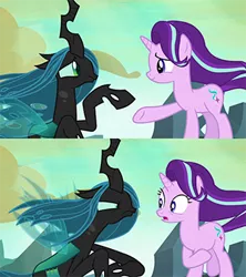 Size: 300x338 | Tagged: safe, derpibooru import, screencap, queen chrysalis, starlight glimmer, changeling, changeling queen, unicorn, to where and back again, angry, arrogant, defeated, duo, female, former queen chrysalis, glare, grudge, jagged horn, mare, narrowed eyes, oh come on, rejection, shocked, sin of pride, slapping, smiling, stubborn, windswept mane