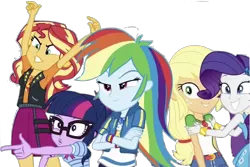 Size: 1587x1059 | Tagged: safe, artist:superbobiann, derpibooru import, editor:superbobiann, applejack, rainbow dash, rarity, sci-twi, sunset shimmer, twilight sparkle, equestria girls, equestria girls series, rollercoaster of friendship, crossed arms, finger gun, geode of empathy, geode of super speed, geode of super strength, magical geodes, simple background, transparent background