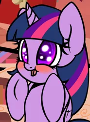 Size: 644x872 | Tagged: safe, artist:slavedemorto, derpibooru import, twilight sparkle, twilight sparkle (alicorn), alicorn, pony, unicorn, comic:candybits 2.1, bipedal, blushing, book, bookshelf, close-up, cropped, cute, explicit source, eye reflection, female, golden oaks library, open mouth, reflection, smiling, solo, twiabetes